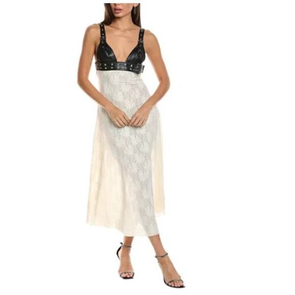 NEW WeWoreWhat Belt Bodice Lace Midi Maxi Dress Sz 8 Black Vegan Leather Ivory - Picture 15 of 15
